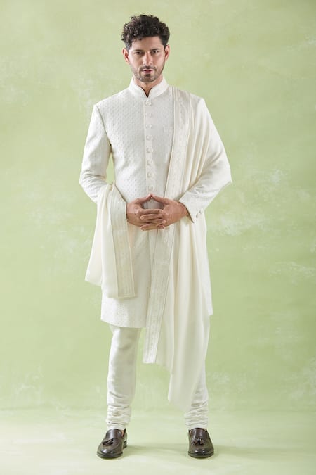 Vanshik_White Silk, Crepe, Georgette Embroidery Floral Butti Sherwani Churidar Set _at_Aza_Fashions