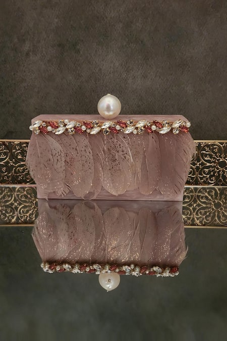 Shop Adwita Bags & Jewels Pink Feather Kara Crystal Embellished Clutch Bag at Aza Fashions Shop_Adwita Bags & Jewels_Pink Feather Kara Crystal Embellished Clutch Bag _at_Aza_Fashions