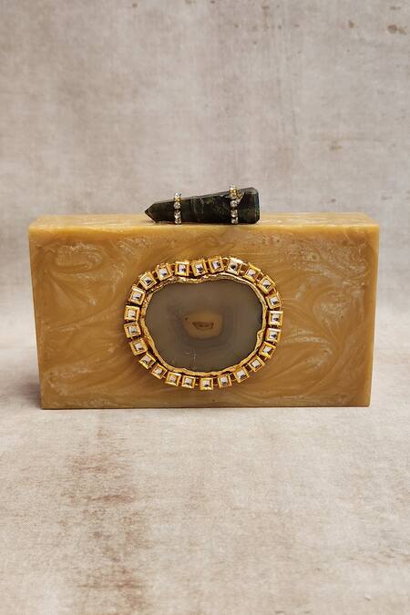 Adwita Bags & Jewels Gold Agate Kundan Brooch Embellished Bag