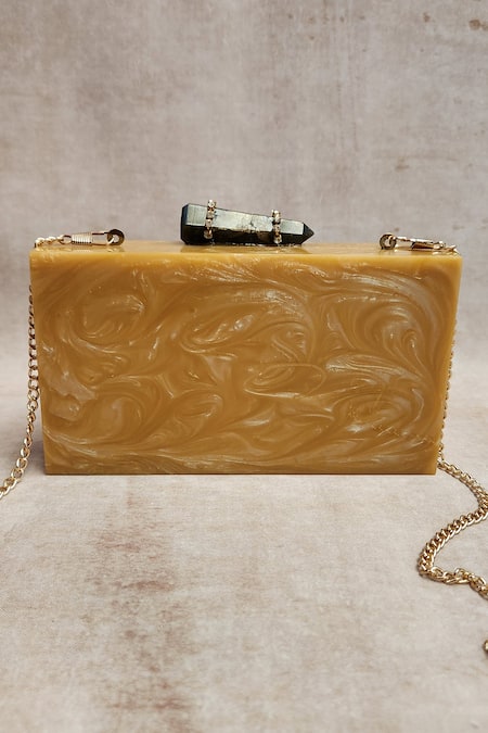 Shop Adwita Bags & Jewels Gold Agate Kundan Brooch Embellished Bag at Aza Fashions Shop_Adwita Bags & Jewels_Gold Agate Kundan Brooch Embellished Bag _at_Aza_Fashions