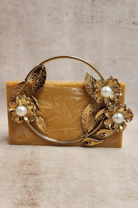 Adwita Bags & Jewels White Beads Blooming Flower Stud Embellished Handle Clutch Bag