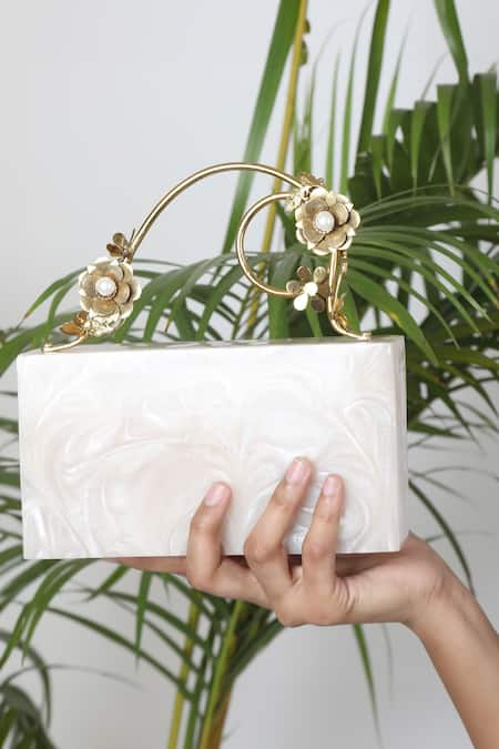 ADWITA BAGS & JEWELS White The Sadaf Floral Carved Clutch 