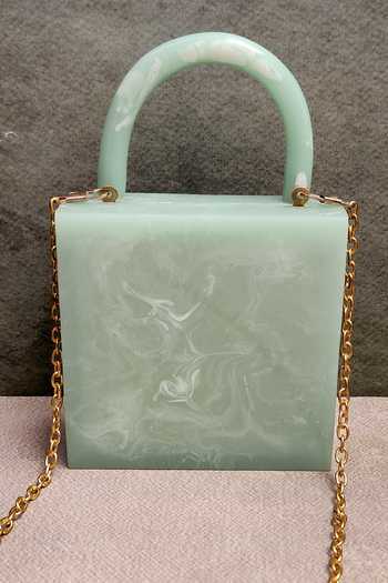 Shop Adwita Bags & Jewels Green Embroidery, Crystals Evil Eye Brooch Embellished Resin Bag at Aza Fashions Shop_Adwita Bags & Jewels_Green Embroidery, Crystals Evil Eye Brooch Embellished Resin Bag _at_Aza_Fashions