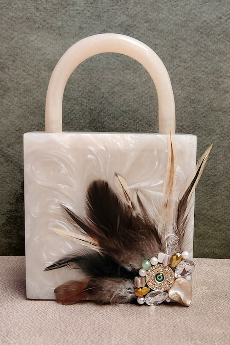 ADWITA BAGS & JEWELS Evil Eye Brooch & Feather Embellished Resin Bag 