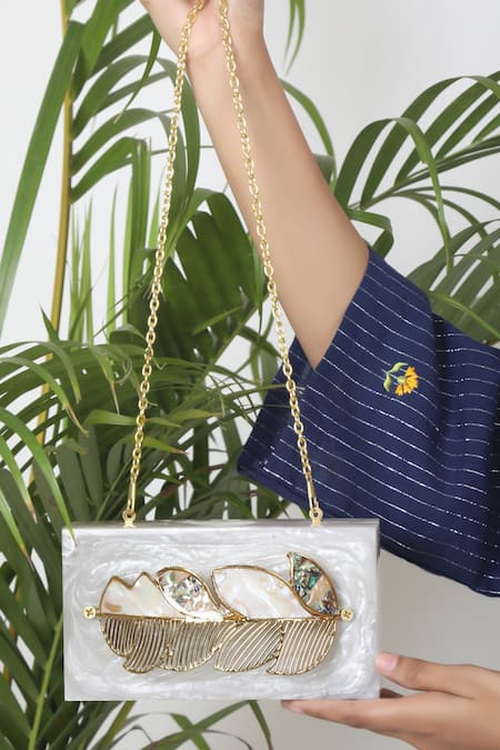 ADWITA BAGS & JEWELS White Mother Of Pearl Abalone Feather Knuckle Clutch 