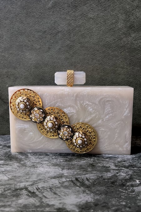 ADWITA BAGS & JEWELS White Mandala Units The Moroccan Button Resin Clutch 