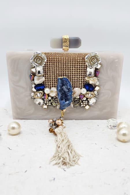 ADWITA BAGS & JEWELS White Crystals The Maharani Embellished Clutch 