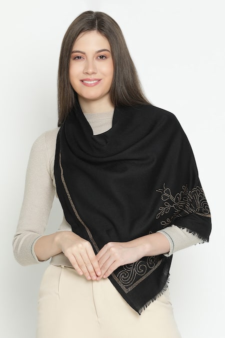 Shop Shingora Black Swarovski Floral Swirl Border Stole at Aza Fashions Shop_Shingora_Black Swarovski Floral Swirl Border Stole_at_Aza_Fashions