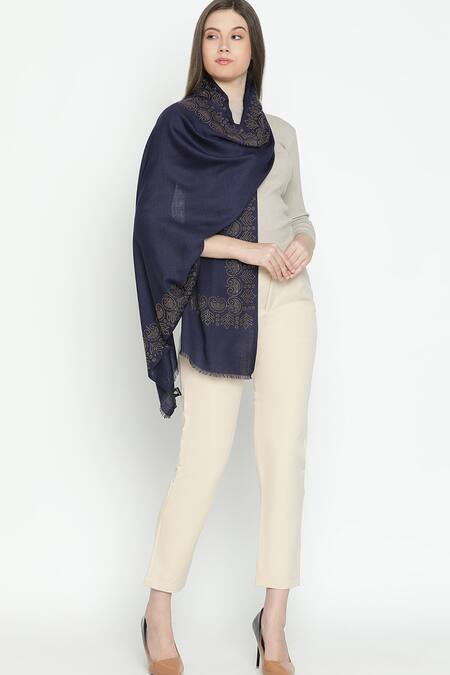 Shingora_Blue Swarovski Blossom Border Stole _Online_at_Aza_Fashions