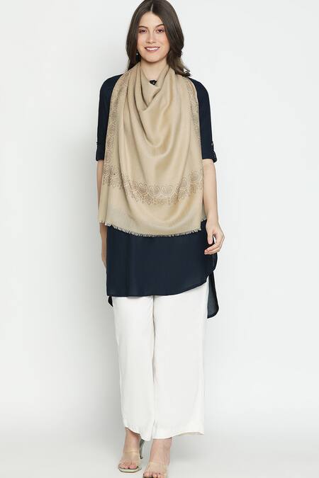 Shingora_Beige Swarovski Blossom Border Stole _Online_at_Aza_Fashions