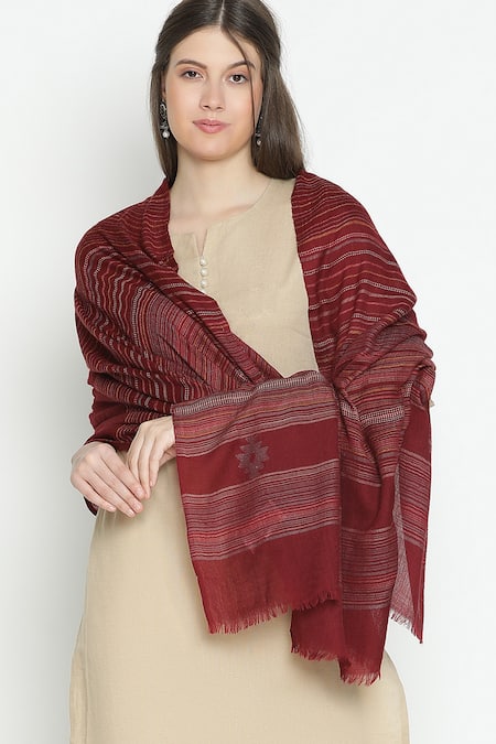 Shingora Striped Flora Pattern Woolen Shawl 