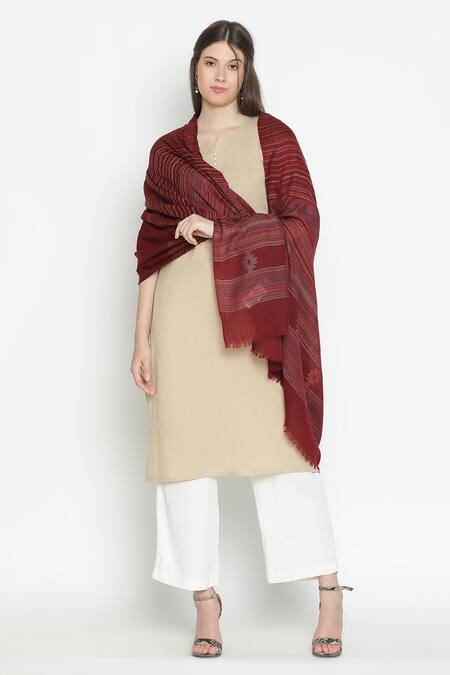 Shingora_Maroon Dobby Striped Flora Pattern Woolen Shawl _Online_at_Aza_Fashions