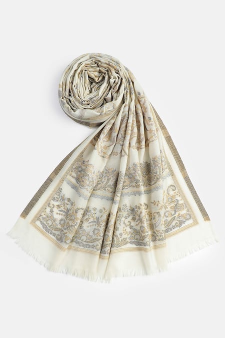 Buy_Shingora_Off White Woven Jacquard Flora Pattern Woolen Shawl _Online_at_Aza_Fashions