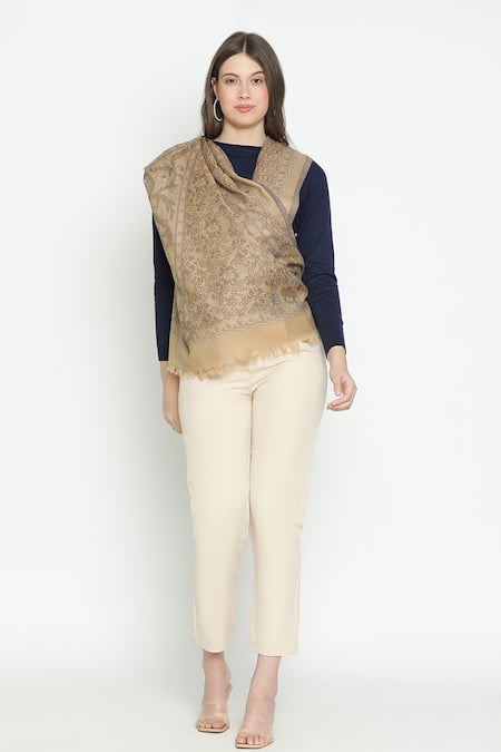 Shingora_Beige Woven Jacquard Fleur Pattern Woolen Shawl _Online_at_Aza_Fashions