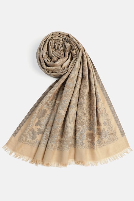 Buy_Shingora_Beige Woven Jacquard Fleur Pattern Woolen Shawl _Online_at_Aza_Fashions