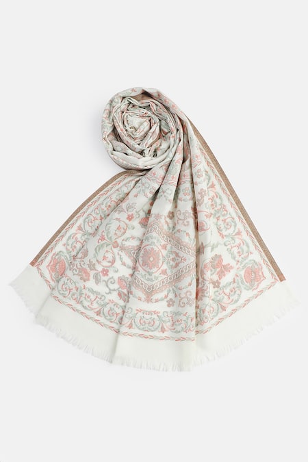Buy_Shingora_Off White Woven Jacquard Persian Bloom Pattern Woolen Shawl_Online_at_Aza_Fashions