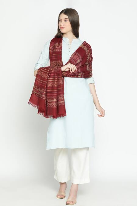 Shingora_Maroon Woven Jacquard French Blossom Pattern Woolen Shawl_Online_at_Aza_Fashions