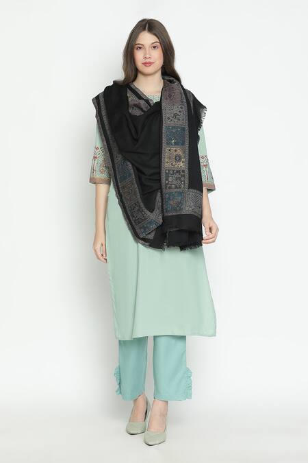 Shingora_Black Woven Jacquard Tribal Flora Pattern Shawl _Online_at_Aza_Fashions