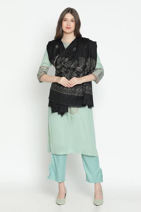Shingora_Black Floral Jacquard Work Shawl _Online_at_Aza_Fashions