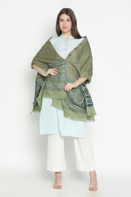 Shingora_Green Jacquard Floral Mughal Pattern Shawl _Online_at_Aza_Fashions