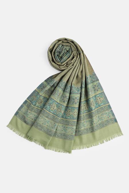 Buy_Shingora_Green Jacquard Floral Mughal Pattern Shawl _Online_at_Aza_Fashions