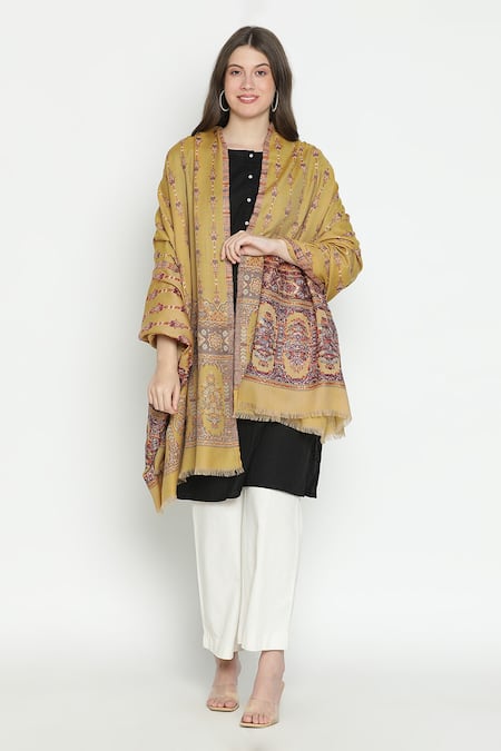 Shingora_Yellow Jacquard Floral Pattern Shawl _Online_at_Aza_Fashions