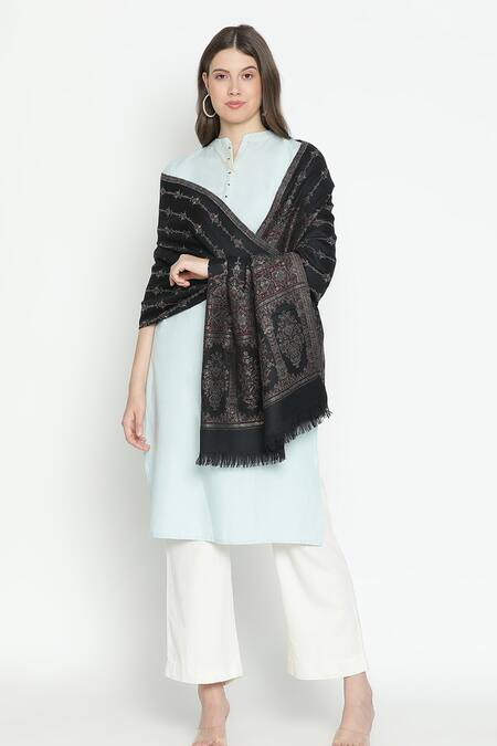 Shingora_Black Jacquard Floral Pattern Shawl _Online_at_Aza_Fashions