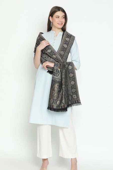 Shingora_Black Jacquard Woven Floral Pattern Shawl _Online_at_Aza_Fashions