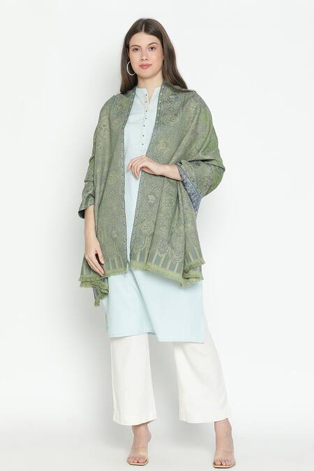 Shingora_Green Jacquard Floral Mughal Pattern Shawl _Online_at_Aza_Fashions