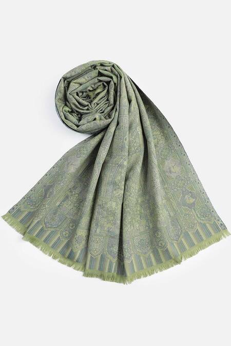 Buy_Shingora_Green Jacquard Floral Mughal Pattern Shawl _Online_at_Aza_Fashions