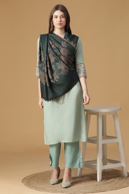 SHINGORA Green Floral Pattern Jacquard Woven Shawl 