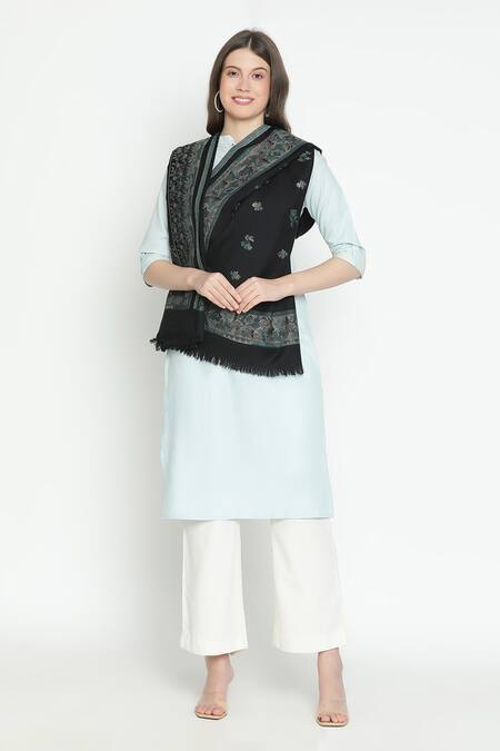 Shingora_Black Floral Pattern Shawl _Online_at_Aza_Fashions