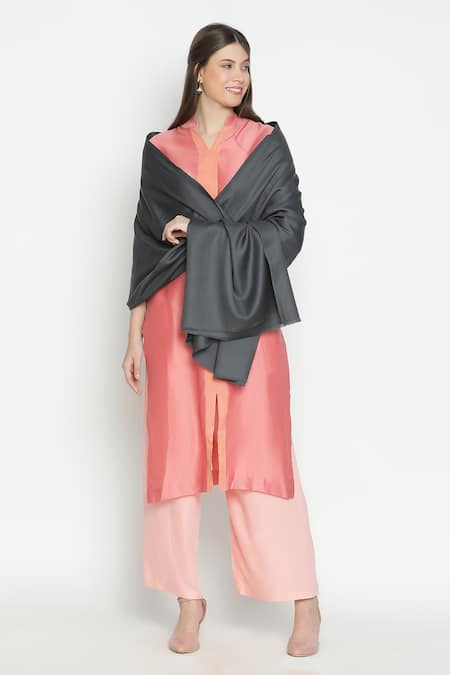 Shingora_Grey Fringed Edge Plain Shawl _Online_at_Aza_Fashions