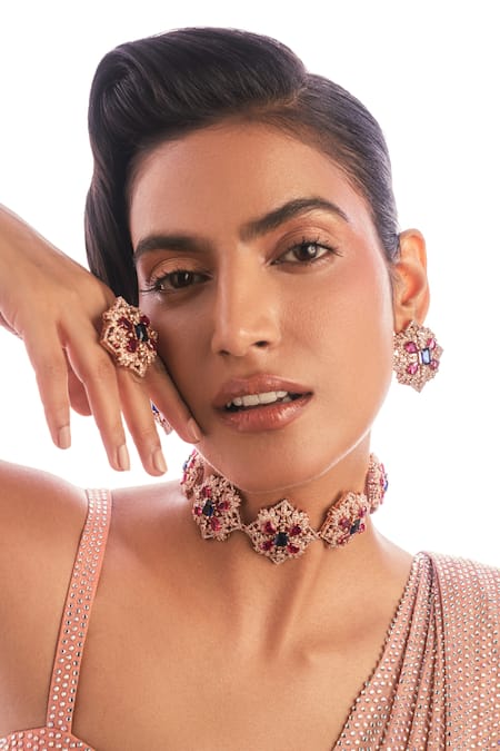 Opalina Soulful Jewellery White Smocking, Stones Velvet Embrace Embellished Studs Online at Aza Fashions Opalina Soulful Jewellery_White Smocking, Stones Velvet Embrace Embellished Studs _Online_at_Aza_Fashions