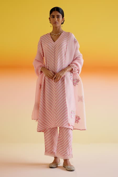 Amisha Kothari Pink Silk Printed Stripped V-neck Kumudini Kurta Pant Set 