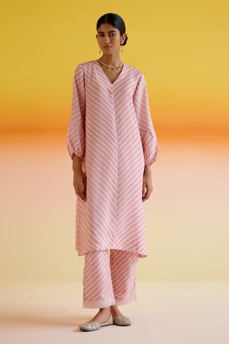 Shop_Amisha Kothari_Pink Silk, Organza Embroidery V-neck Kumudini Stripe Print Kurta Pant Set _Online_at_Aza_Fashions