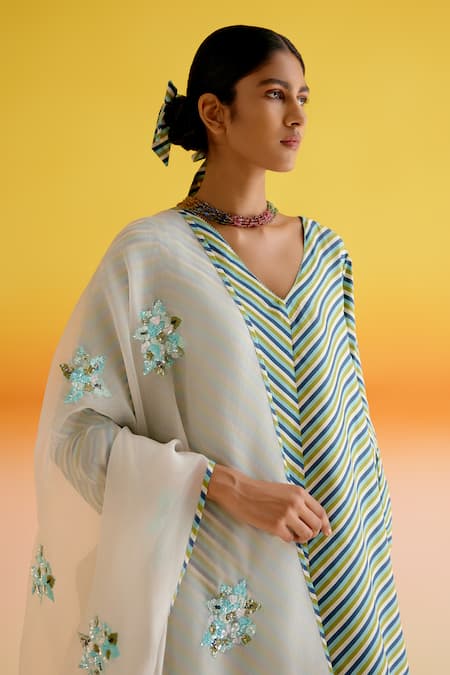 Shop_Amisha Kothari_Blue Silk, Organza Embroidery V-neck Kumudini Stripped Kurta Pant Set 