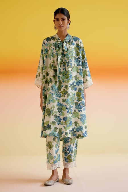 Buy_Amisha Kothari_Blue Silk Embroidery Kusum Flora Print Kurta With Pant _Online_at_Aza_Fashions