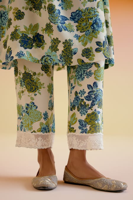 Shop_Amisha Kothari_Blue Silk Embroidery Kusum Flora Print Kurta With Pant _Online_at_Aza_Fashions