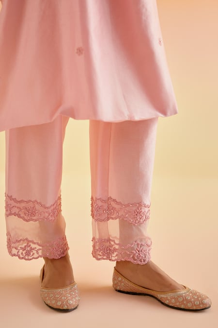 Buy Amisha Kothari Pink Chanderi Silk Embroidery V-neck Nandani Floral Tunic With Pant Online at Aza Fashions Buy_Amisha Kothari_Pink Chanderi Silk Embroidery V-neck Nandani Floral Tunic With Pant _Online_at_Aza_Fashions