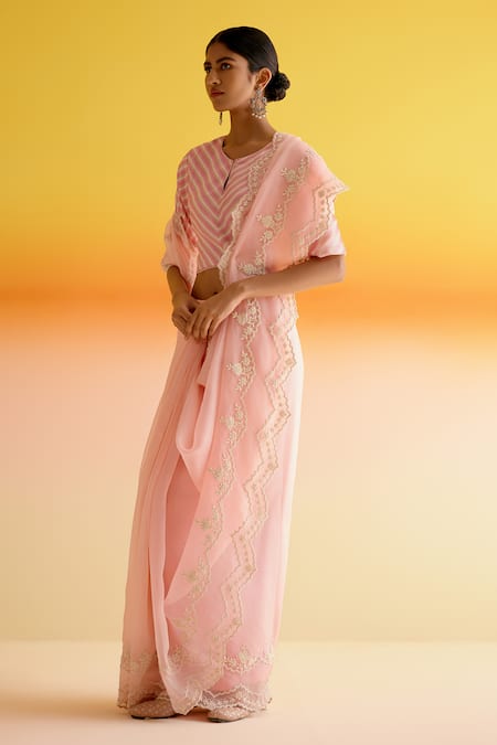 Amisha Kothari Pink Silk, Surbhi Floral Dori Embroidered Saree With Unstitched Blouse Piece Online at Aza Fashions Amisha Kothari_Pink Silk, Surbhi Floral Dori Embroidered Saree With Unstitched Blouse Piece _Online_at_Aza_Fashions