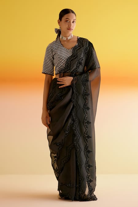 Amisha Kothari Black Silk Embroidery Floral Surbhi Bead Saree With Unstitched Blouse Piece 