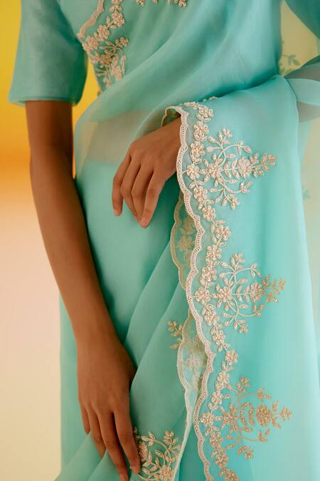 Shop_Amisha Kothari_Blue Organza, Samara Dori Saree With Unstitched Blouse Piece _Online_at_Aza_Fashions