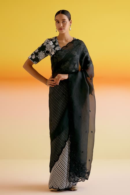 Amisha Kothari Black Silk Print Floral Sumona Candy Stripe Saree With Unstitched Blouse Piece 