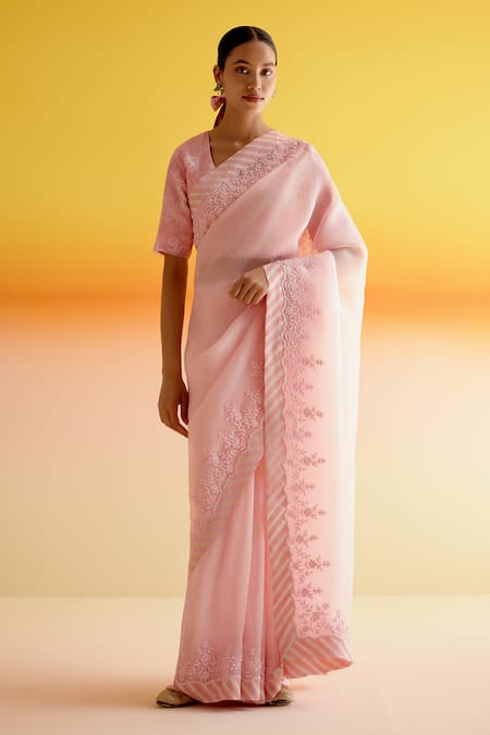 Amisha Kothari Pink Silk Shruti Candy Stripe Embroidered Saree With Unstitched Blouse Piece 