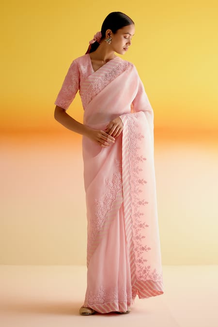 Amisha Kothari_Pink Silk, Shruti Candy Stripe Embroidered Saree With Unstitched Blouse Piece _Online_at_Aza_Fashions