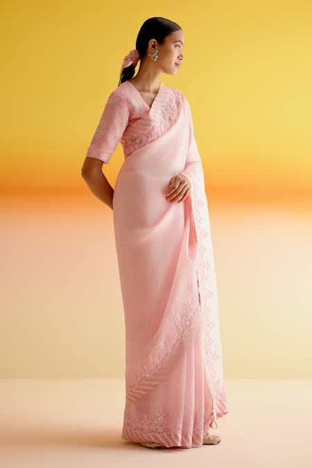 Buy_Amisha Kothari_Pink Silk, Shruti Candy Stripe Embroidered Saree With Unstitched Blouse Piece _Online_at_Aza_Fashions