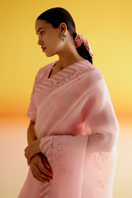 Shop_Amisha Kothari_Pink Silk, Shruti Candy Stripe Embroidered Saree With Unstitched Blouse Piece _Online_at_Aza_Fashions
