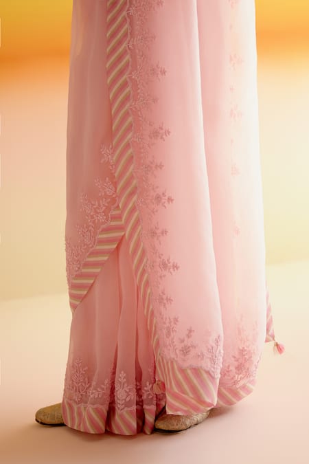 Amisha Kothari_Pink Silk, Shruti Candy Stripe Embroidered Saree With Unstitched Blouse Piece _at_Aza_Fashions