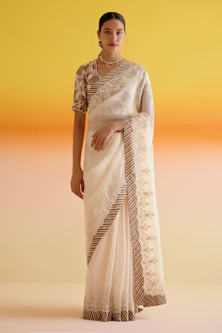 Amisha Kothari Ivory Silk Print Floral Shruti Candy Stripe Saree With Unstitched Blouse Piece 